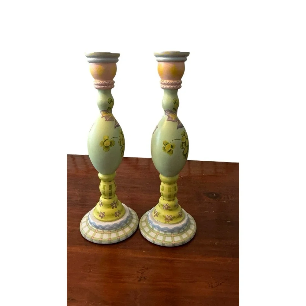 Vtg Tracy Porter Wood Candle Sticks Hand Painted 2/87 Pair Floral Signed 15